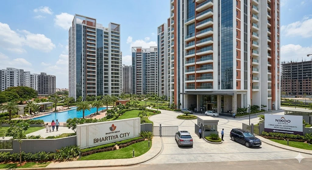 Interior view of a spacious 3 BHK luxury apartment in Bangalore showcasing modern smart-home features and premium finishes.